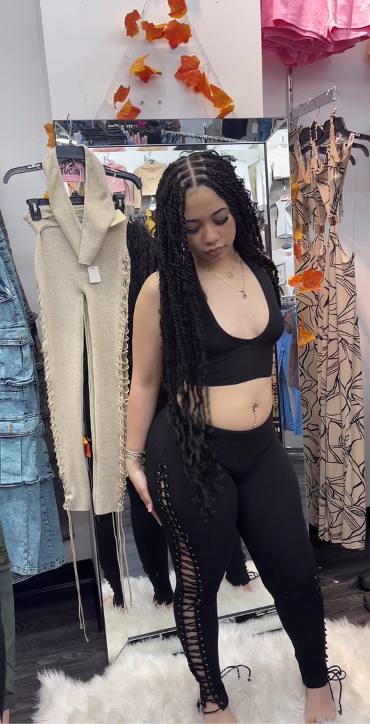 Two piece laced set halter neck