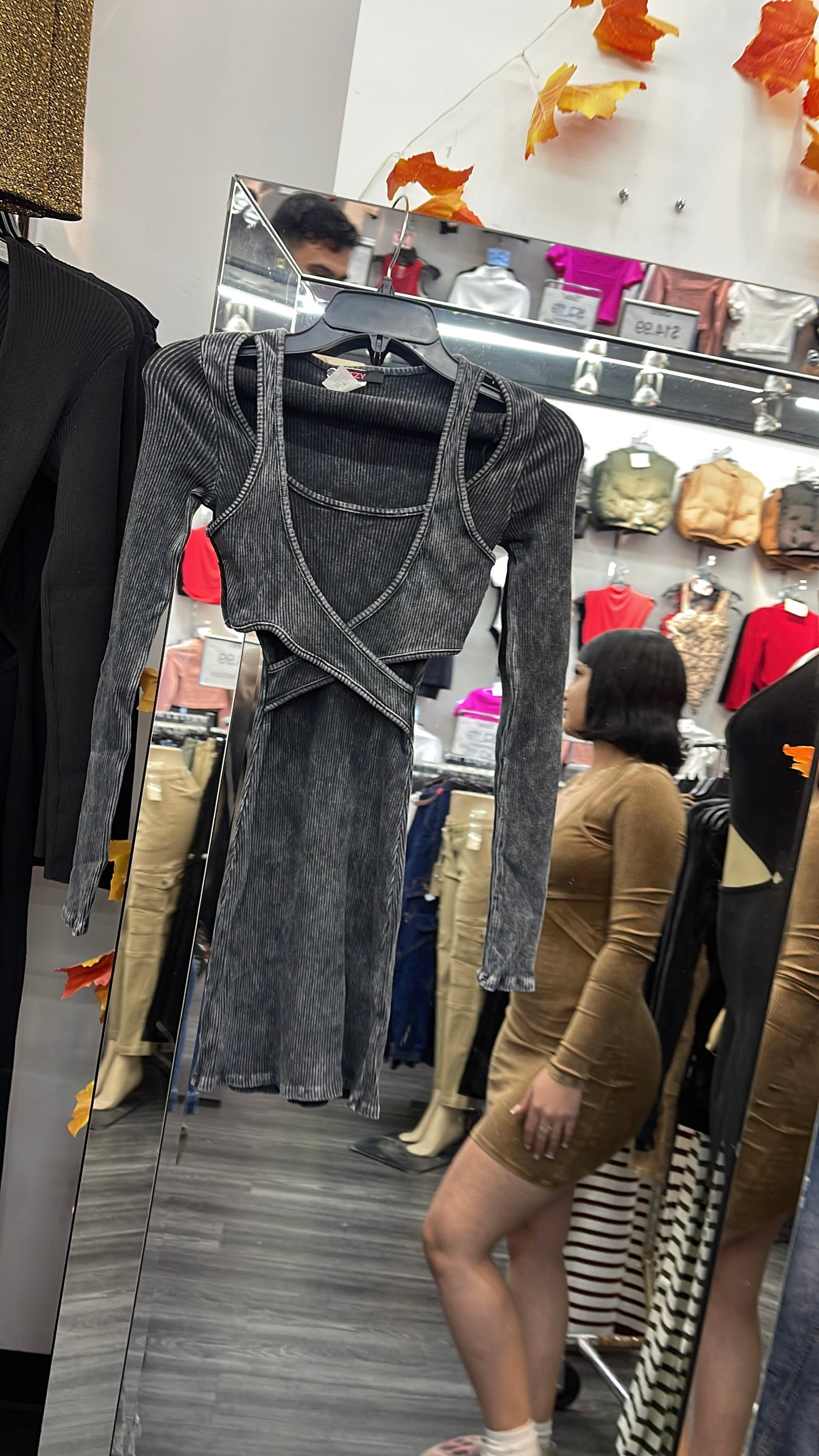 Long sleeve short dress tank top look.