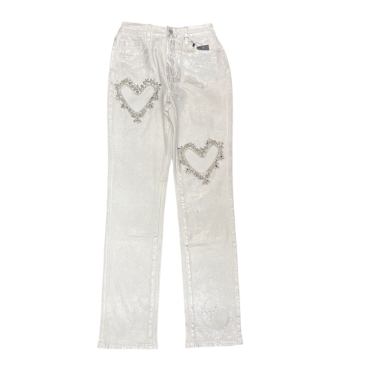 Rhinestone pants heart shaped denim White