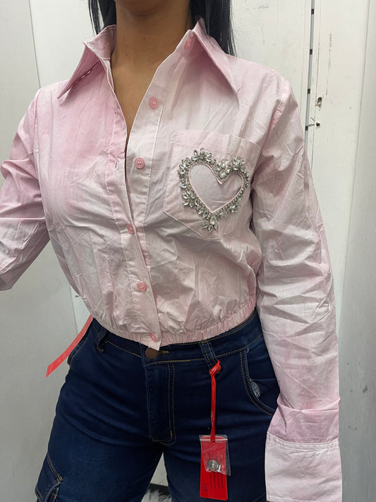 Rhinestone button down shirt Pink